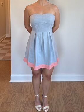 Lucca Couture Strapless Light Blue Mini Dress with Peach Bottom Trim